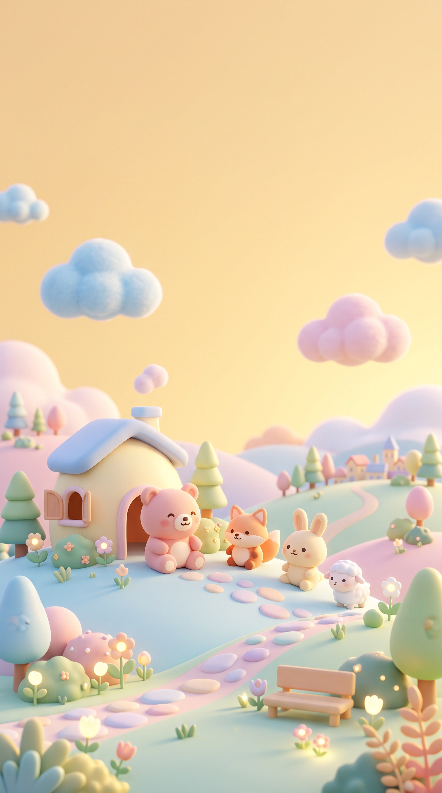 Soft 3d render of cute pastel scene with small round animals and clouds, wide shot with open space at the top for text, warm golden light, calm mood, 9:16 aspect ratio
