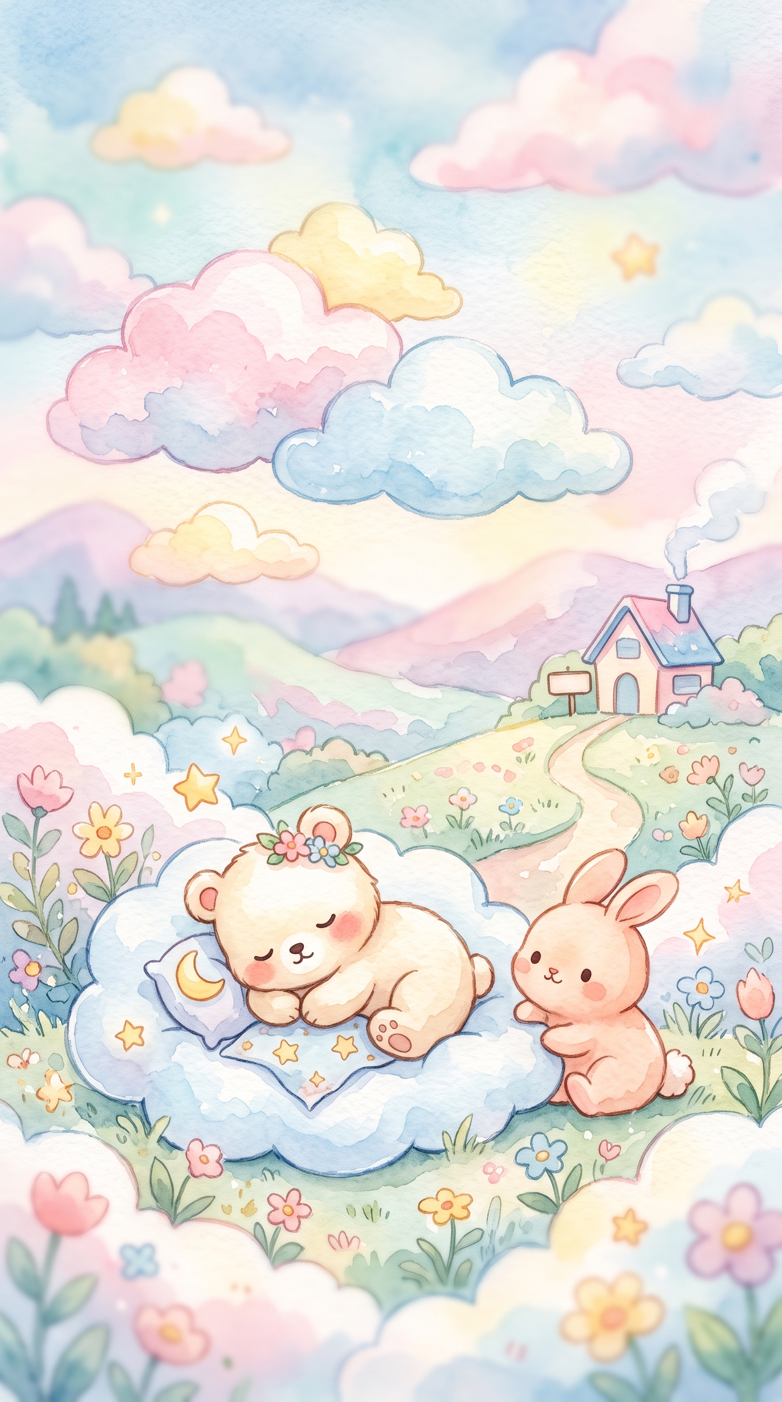 Watercolor illustration of cute pastel scene with small round animals and clouds, close-up detail with shallow depth of field, soft pastel colors, bright and cozy, 9:16 aspect ratio