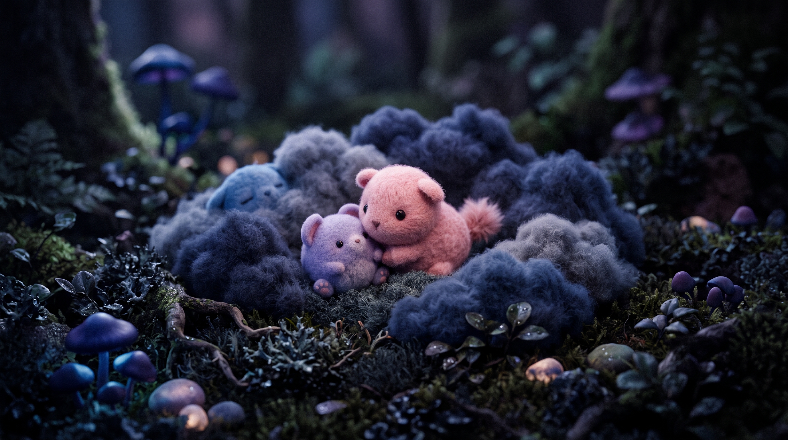 Soft 3d render of cute pastel scene with small round animals and clouds, close-up detail with shallow depth of field, moody dark tones, dramatic lighting, 16:9 aspect ratio