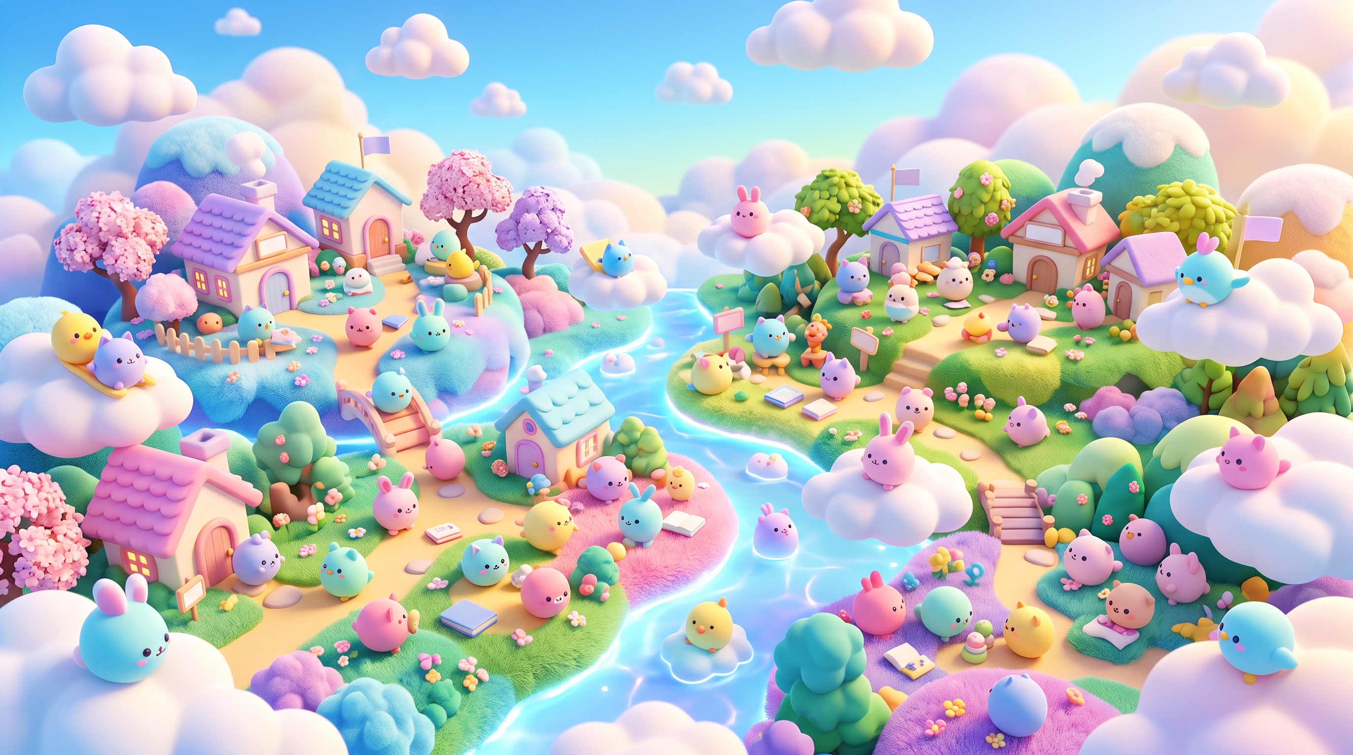 Soft 3d render of cute pastel scene with small round animals and clouds, high-angle view from above, vivid colors, high contrast, energetic, 16:9 aspect ratio