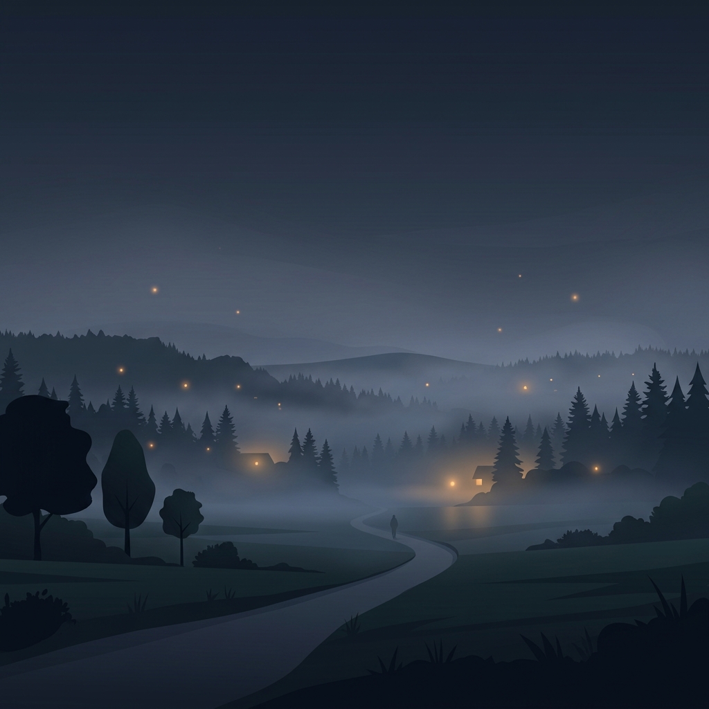Minimal flat illustration of dark moody aesthetic scene with soft glowing lights, wide shot with open space at the top for text, misty morning haze, dreamy, 1:1 aspect ratio
