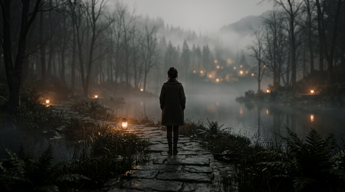 Soft 3d render of dark moody aesthetic scene with soft glowing lights, centered subject with a simple uncluttered composition, misty morning haze, dreamy, 16:9 aspect ratio