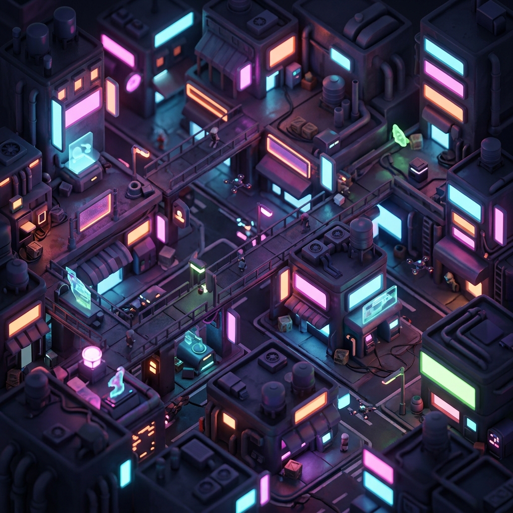 Soft 3d render of dark moody aesthetic scene with soft glowing lights, high-angle view from above, vivid colors, high contrast, energetic, 1:1 aspect ratio