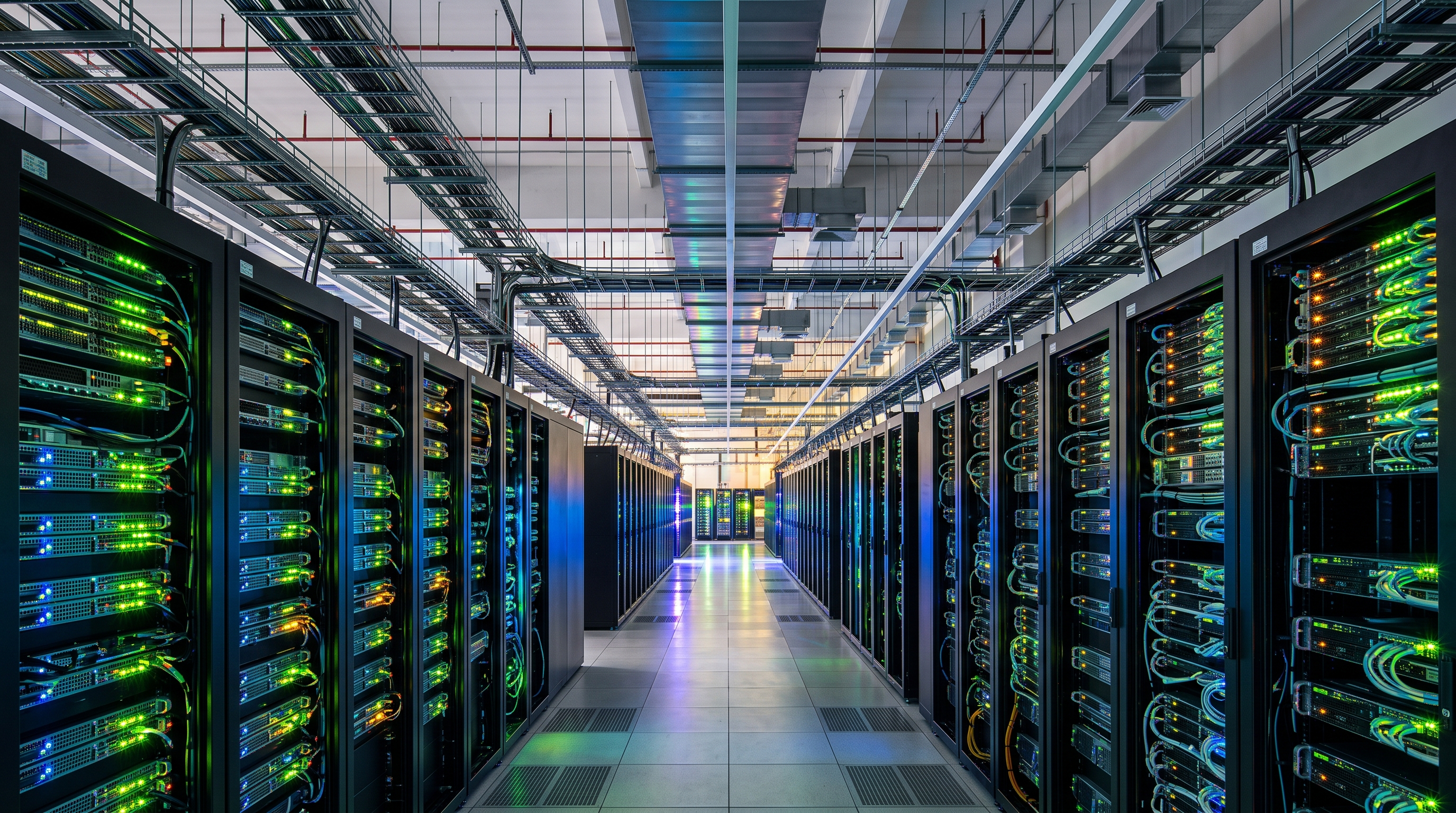 Photorealistic photo of rows of servers in a data center, wide shot with open space at the top for text, vivid colors, high contrast, energetic, 16:9 aspect ratio