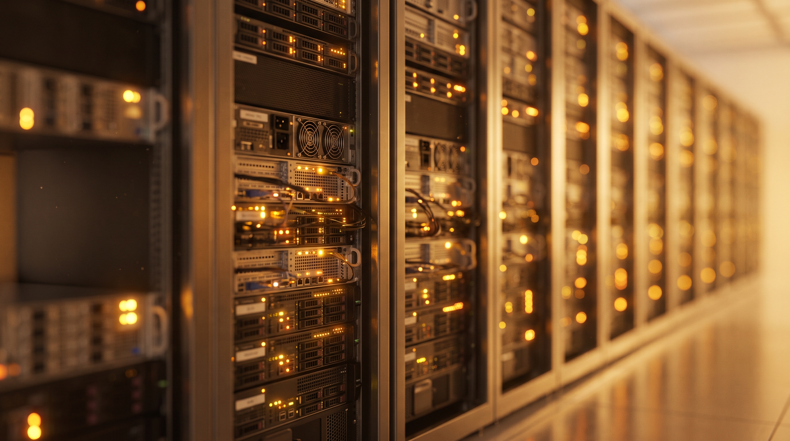 Soft 3d render of rows of servers in a data center, close-up detail with shallow depth of field, warm golden light, calm mood, 16:9 aspect ratio