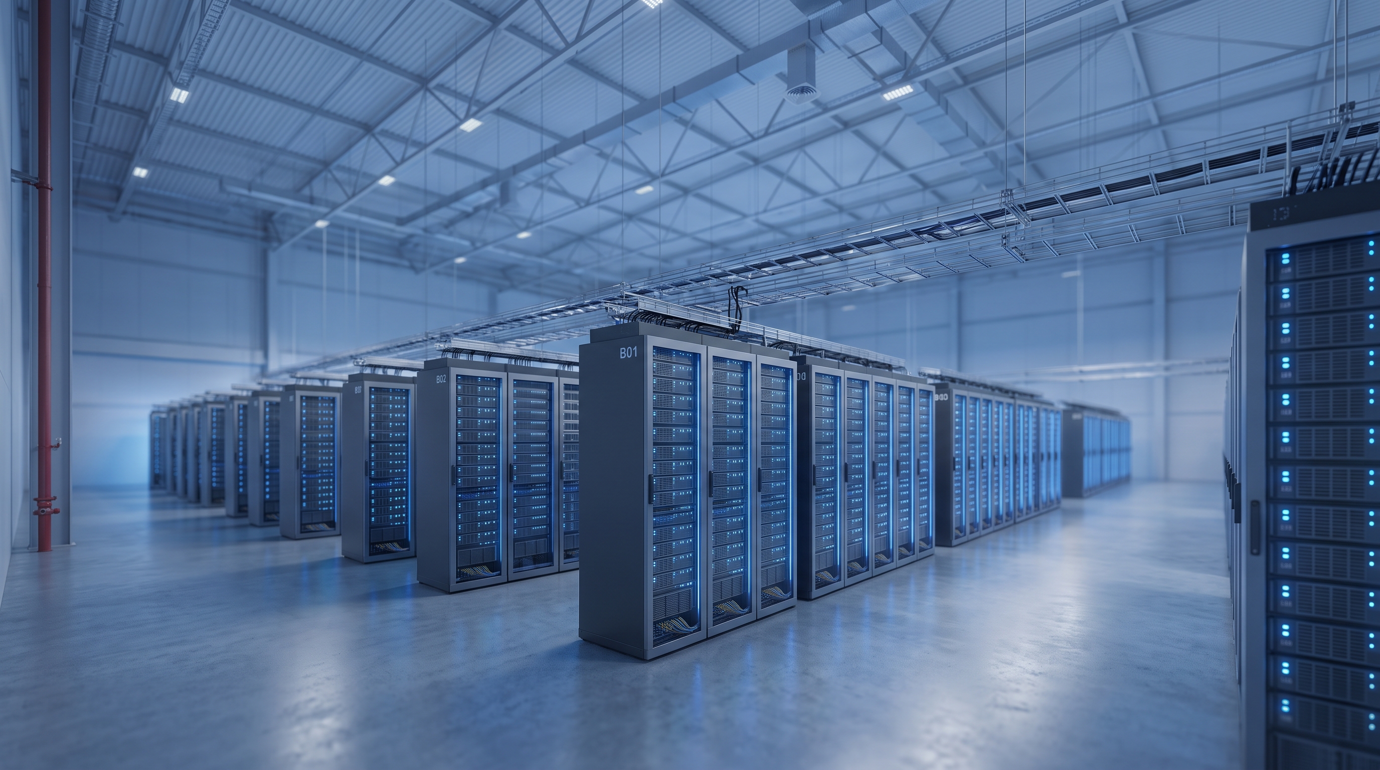 Soft 3d render of rows of servers in a data center, wide shot with open space at the top for text, cool blue tones, quiet atmosphere, 16:9 aspect ratio