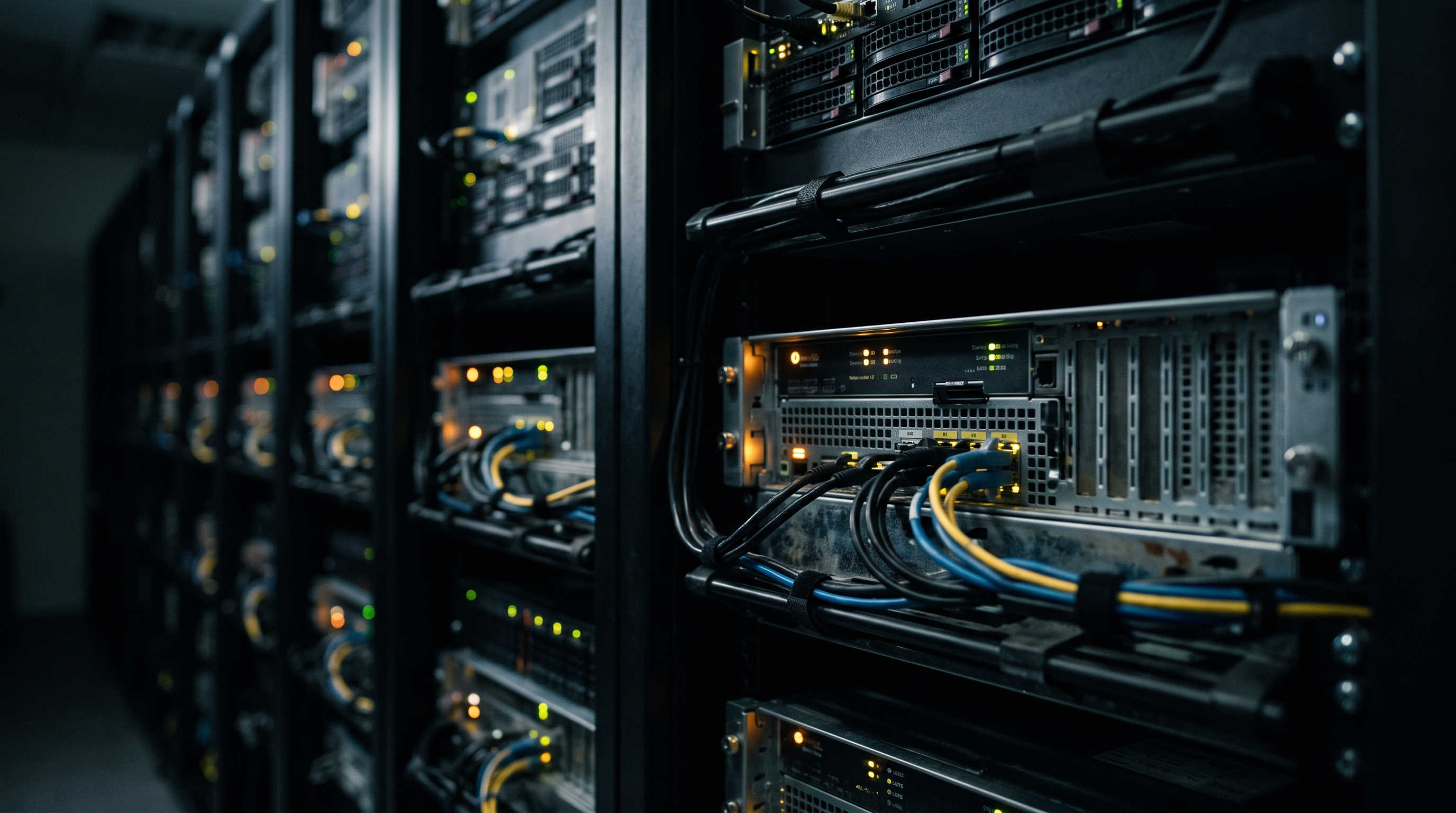 Cinematic film still of rows of servers in a data center, close-up detail with shallow depth of field, moody dark tones, dramatic lighting, 16:9 aspect ratio
