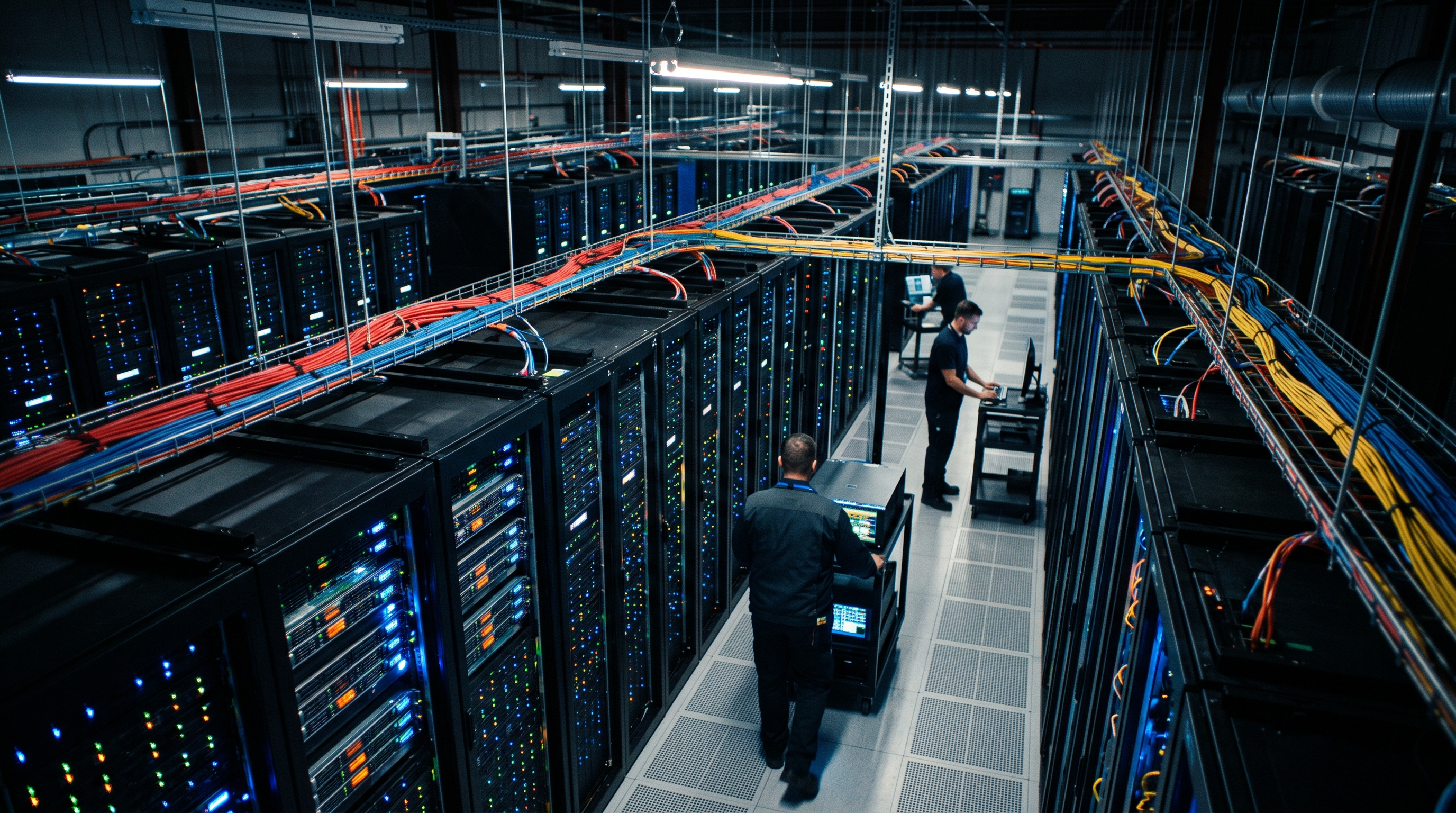 Cinematic film still of rows of servers in a data center, high-angle view from above, vivid colors, high contrast, energetic, 16:9 aspect ratio