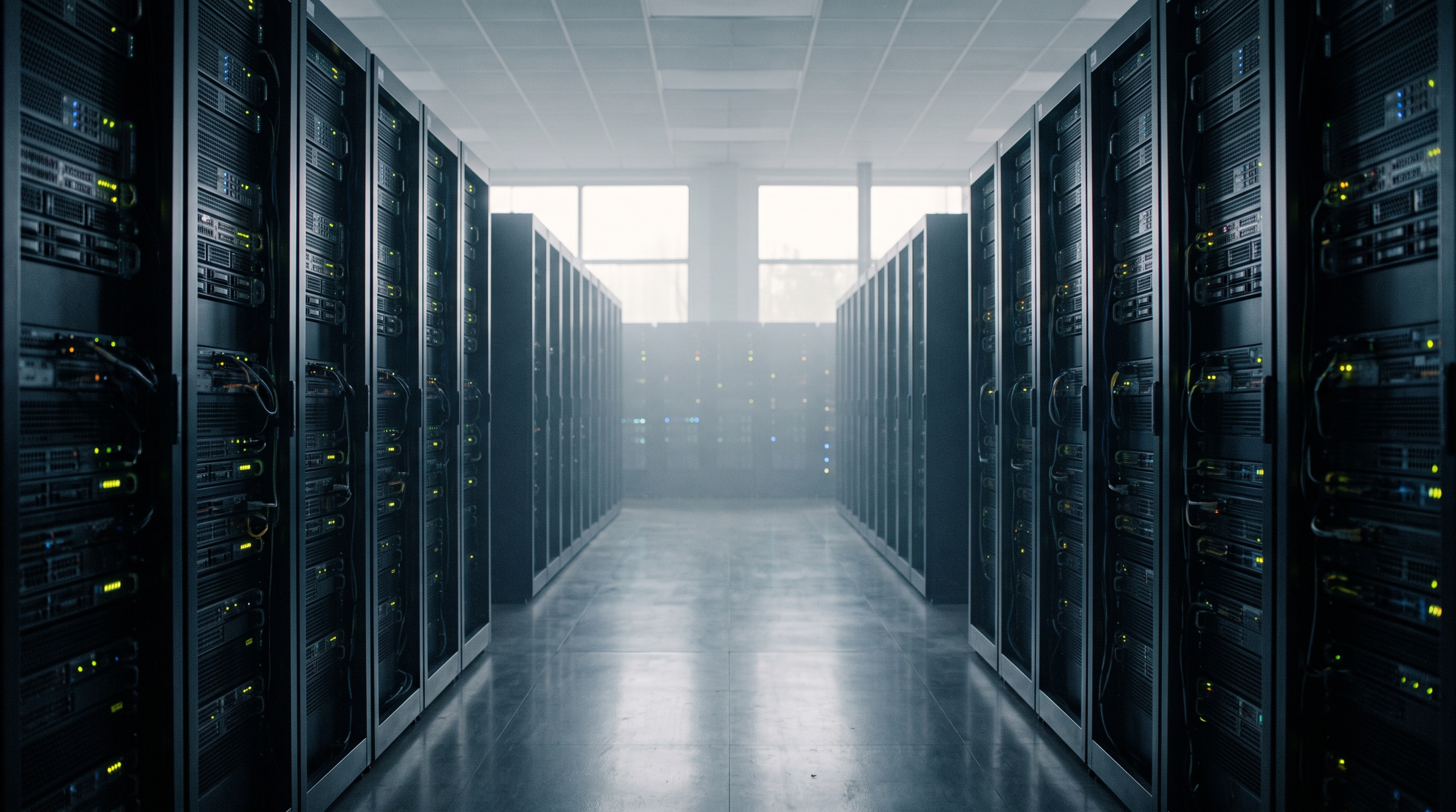 Cinematic film still of rows of servers in a data center, centered subject with a simple uncluttered composition, misty morning haze, dreamy, 16:9 aspect ratio