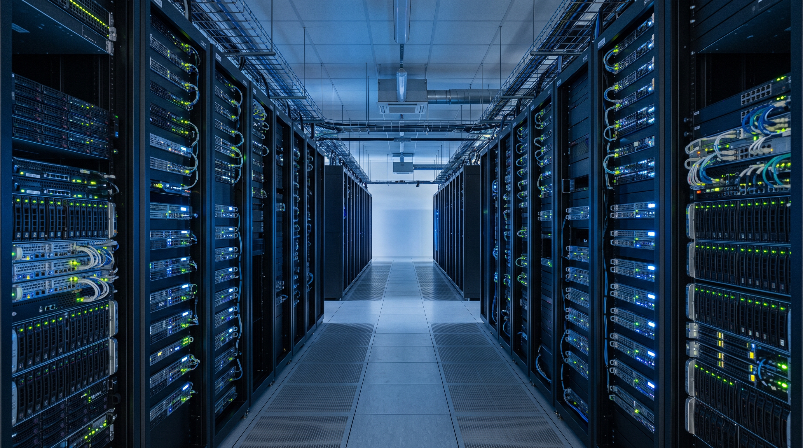 Photorealistic photo of rows of servers in a data center, centered subject with a simple uncluttered composition, cool blue tones, quiet atmosphere, 16:9 aspect ratio