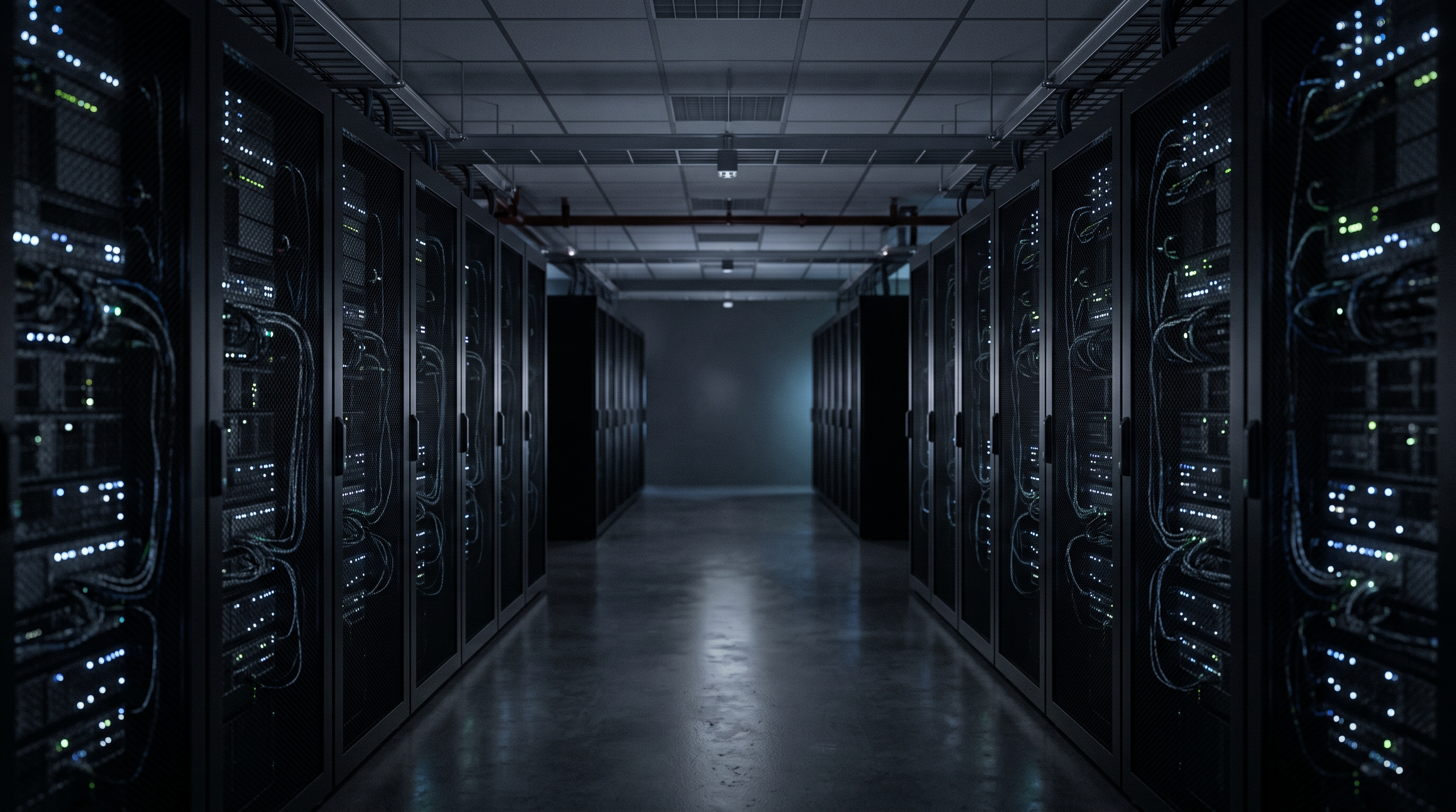 Soft 3d render of rows of servers in a data center, centered subject with a simple uncluttered composition, moody dark tones, dramatic lighting, 16:9 aspect ratio