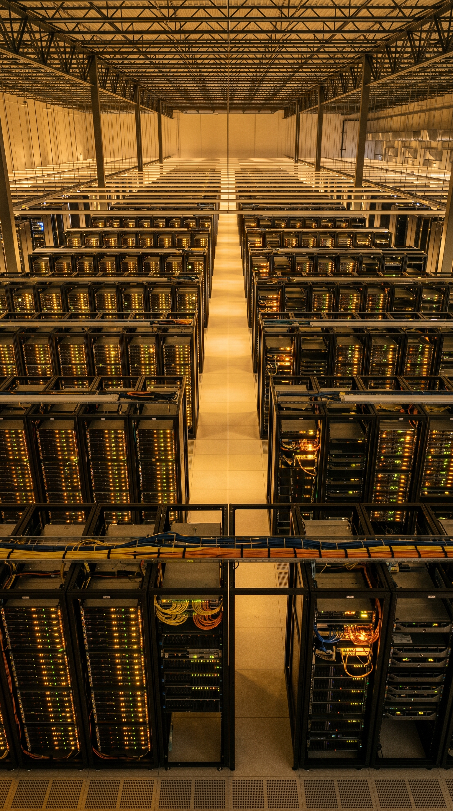 Photorealistic photo of rows of servers in a data center, high-angle view from above, warm golden light, calm mood, 9:16 aspect ratio