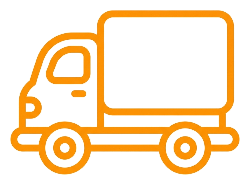 Rounded line icon, thick orange outline of a delivery truck icon, transparent background PNG