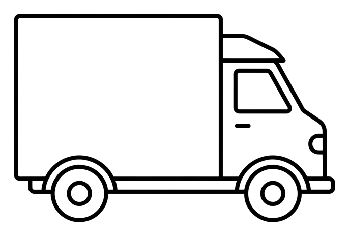 배송 트럭 아이콘, 얇은 검은 선 아이콘, 투명 배경(누끼) PNG