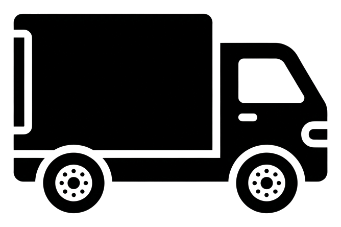 Bold black glyph icon, solid filled silhouette of a delivery truck icon, transparent background PNG
