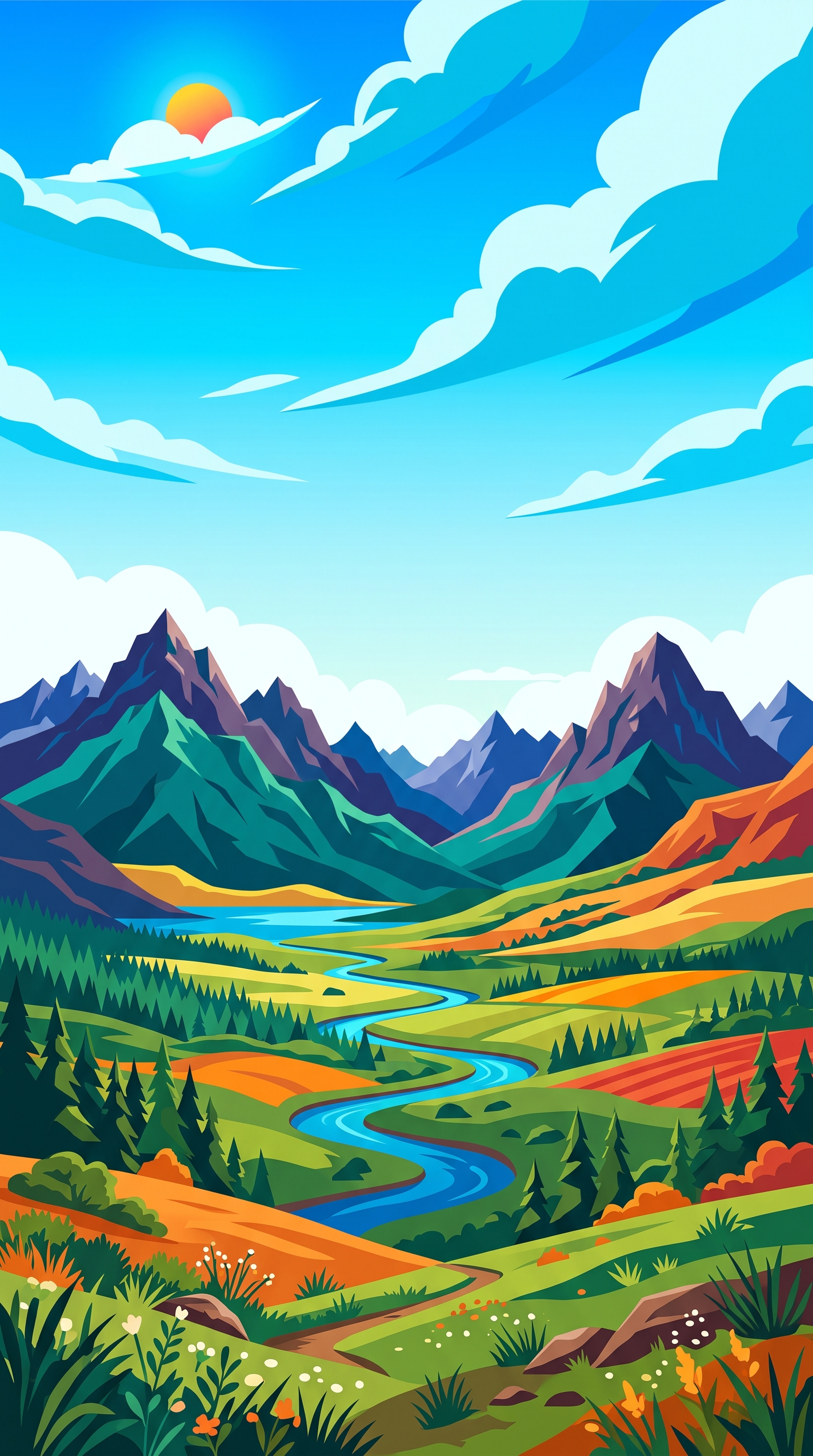 Minimal flat illustration of breathtaking wide landscape for a computer desktop, wide shot with open space at the top for text, vivid colors, high contrast, energetic, 9:16 aspect ratio