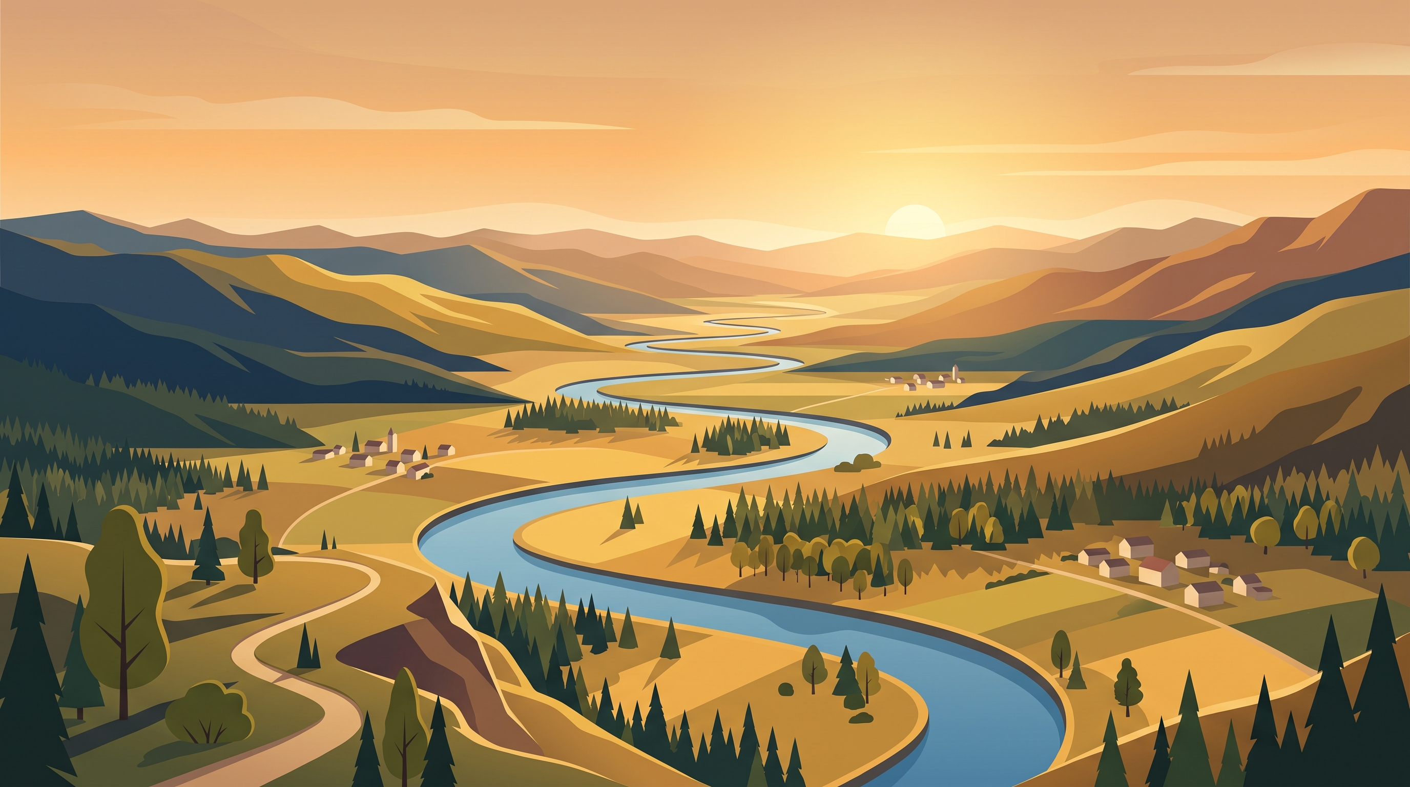 Minimal flat illustration of breathtaking wide landscape for a computer desktop, high-angle view from above, warm golden light, calm mood, 16:9 aspect ratio