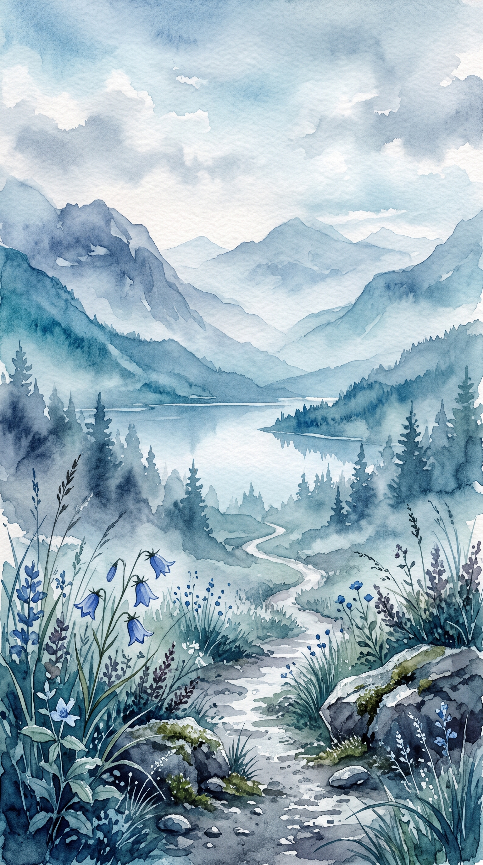 Watercolor illustration of breathtaking wide landscape for a computer desktop, close-up detail with shallow depth of field, cool blue tones, quiet atmosphere, 9:16 aspect ratio