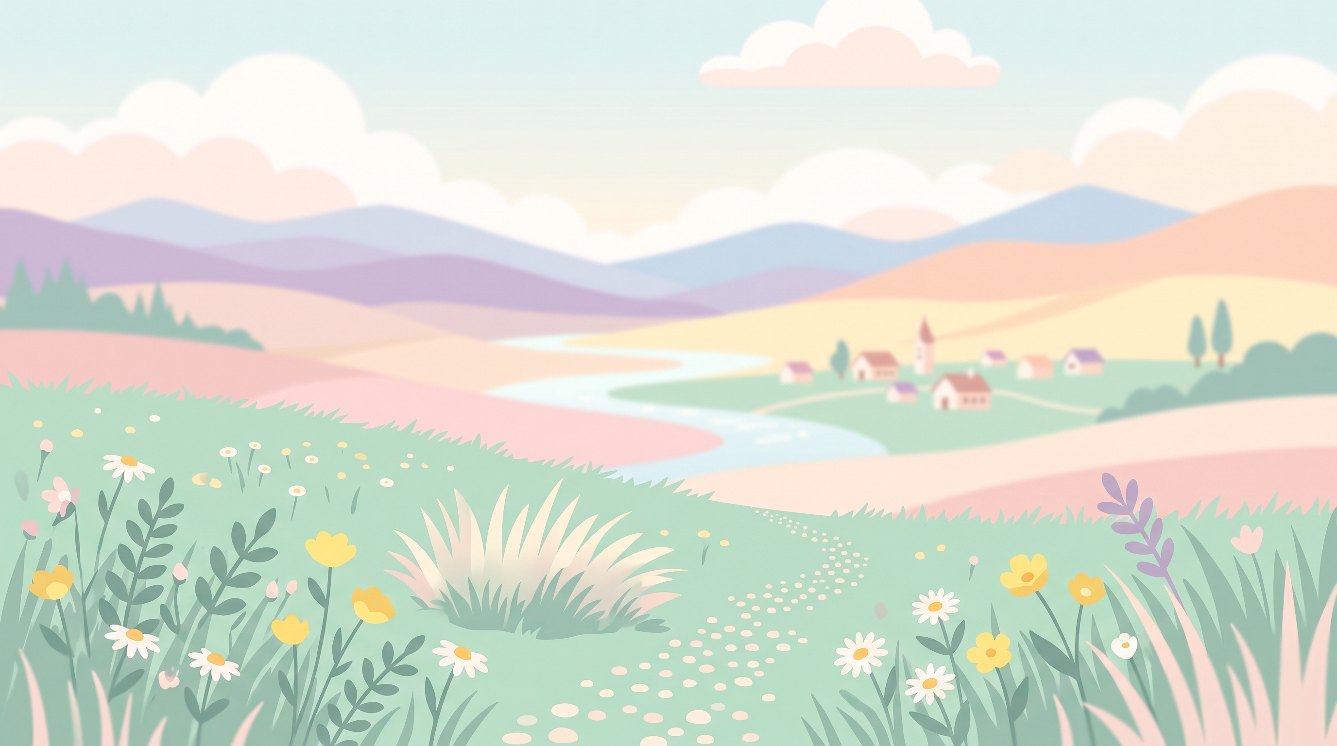 Minimal flat illustration of breathtaking wide landscape for a computer desktop, close-up detail with shallow depth of field, soft pastel colors, bright and cozy, 16:9 aspect ratio
