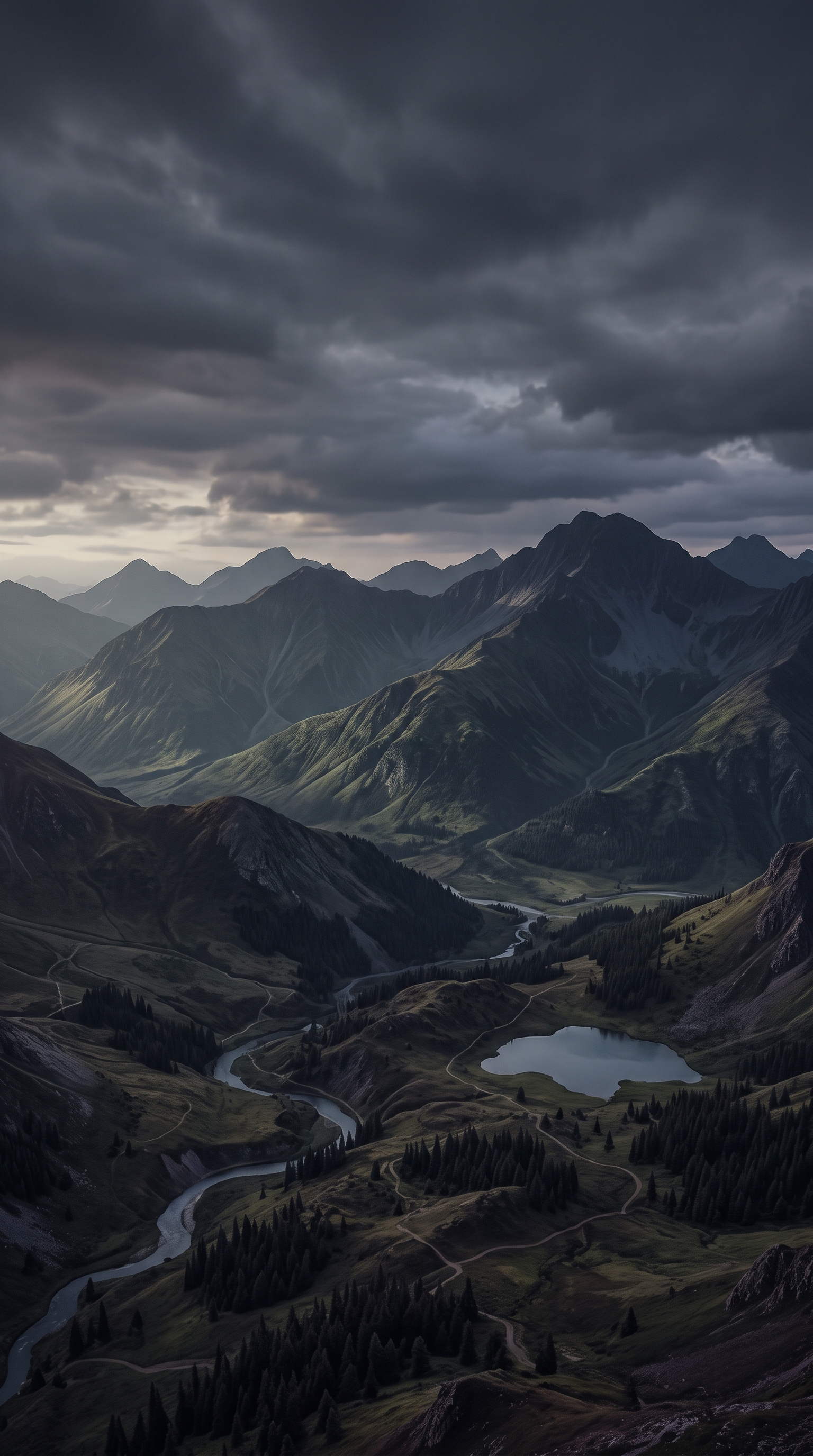 Soft 3d render of breathtaking wide landscape for a computer desktop, wide shot with open space at the top for text, moody dark tones, dramatic lighting, 9:16 aspect ratio