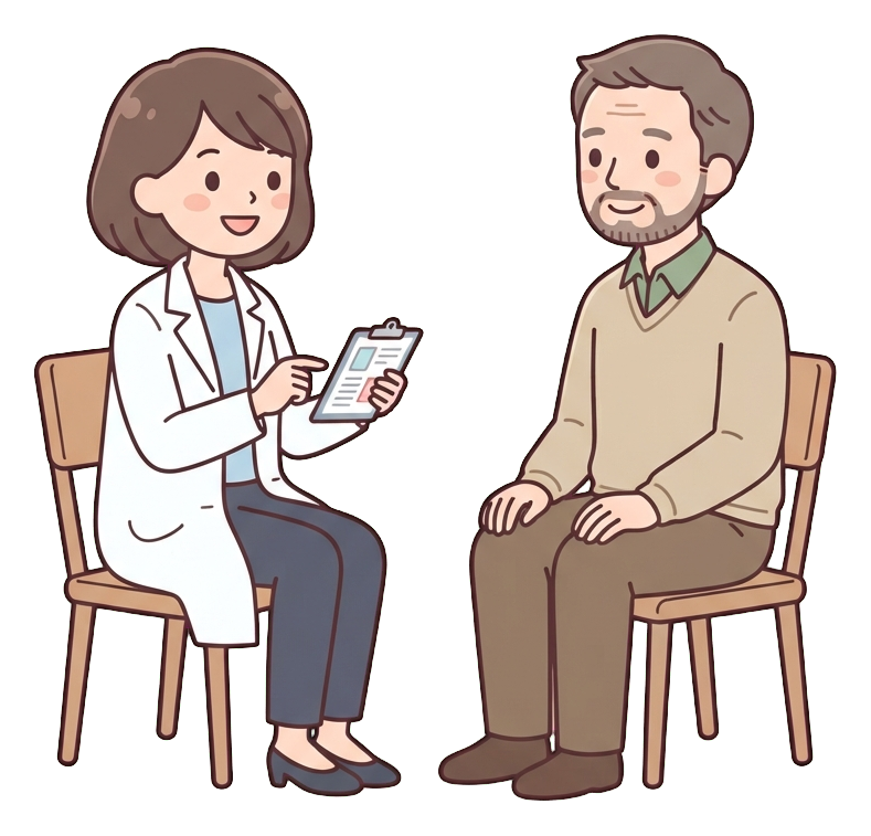 Ilustración de dibujos animados plana, simple y linda, con colores pastel suaves y finos contornos oscuros limpios, de un hombre de mediana edad, paciente sentado hablando con un médico amigable con bata blanca, PNG con fondo transparente