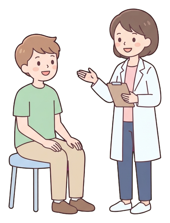 친절한 의사와 상담하는 환자, 20대 남성, 귀여운 플랫 만화 일러스트, 투명 배경(누끼) PNG