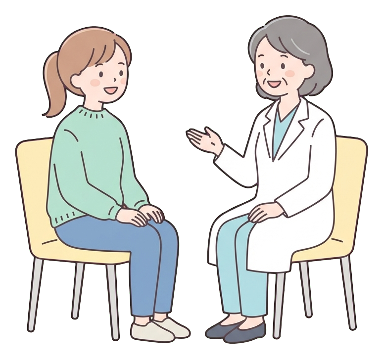Simple cute flat cartoon illustration with soft pastel colors and thin clean dark outlines of a young woman, patient sitting and talking with a friendly doctor in a white coat, transparent background PNG