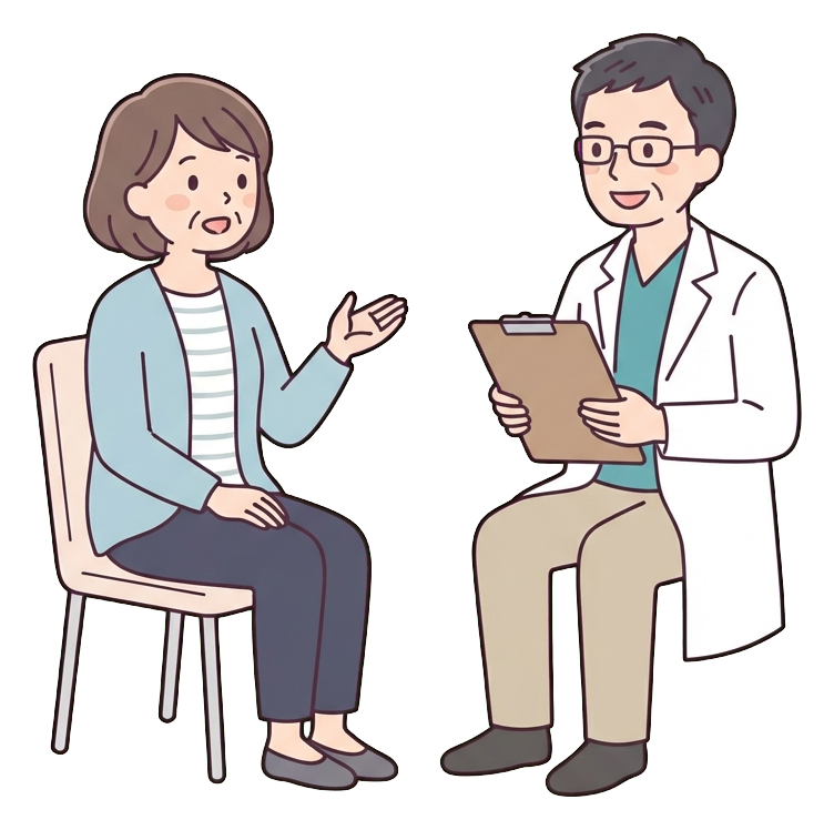 친절한 의사와 상담하는 환자, 중년 여성, 귀여운 플랫 만화 일러스트, 투명 배경(누끼) PNG