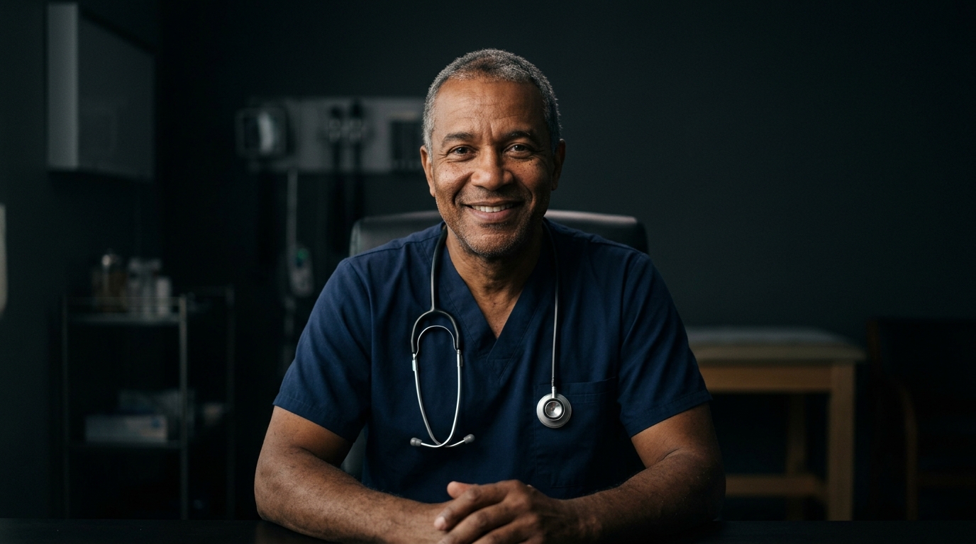 Photorealistic photo of a friendly doctor with a stethoscope, centered subject with a simple uncluttered composition, moody dark tones, dramatic lighting, 16:9 aspect ratio