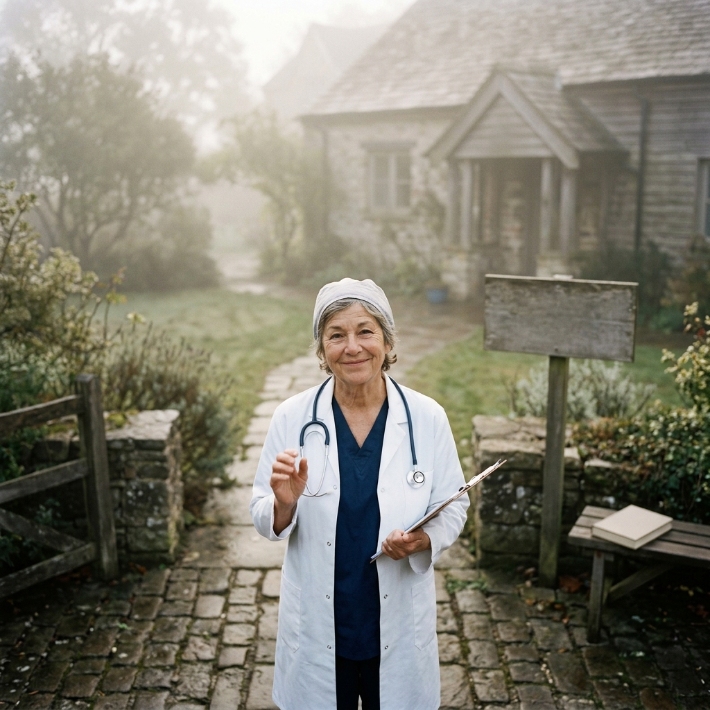 Photorealistic photo of a friendly doctor with a stethoscope, high-angle view from above, misty morning haze, dreamy, 1:1 aspect ratio