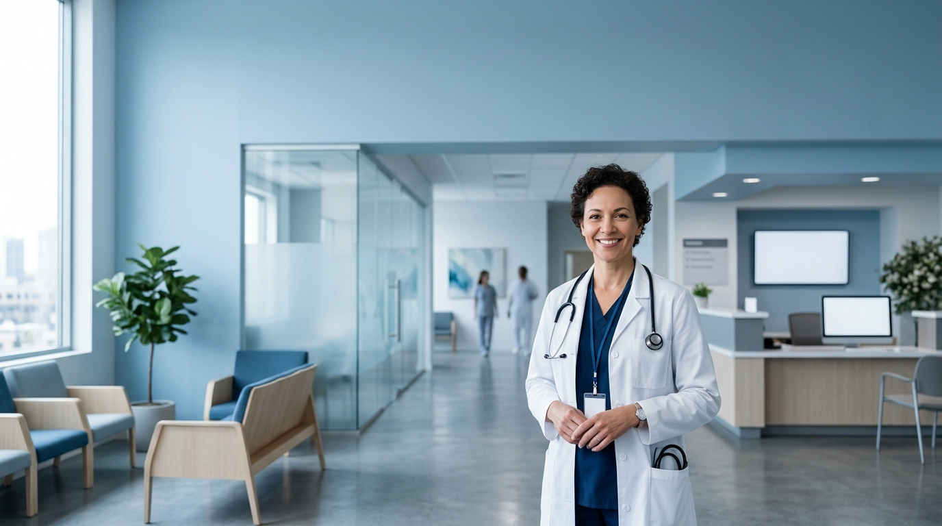 Photorealistic photo of a friendly doctor with a stethoscope, wide shot with open space at the top for text, cool blue tones, quiet atmosphere, 16:9 aspect ratio