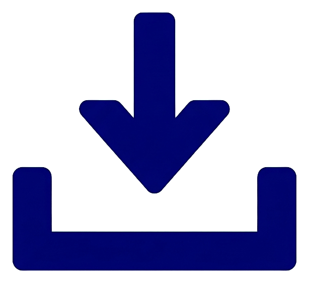 Flat color icon, bold solid colors of a download icon with a downward arrow into a tray, transparent background PNG