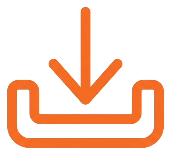Rounded line icon, thick orange outline of a download icon with a downward arrow into a tray, transparent background PNG