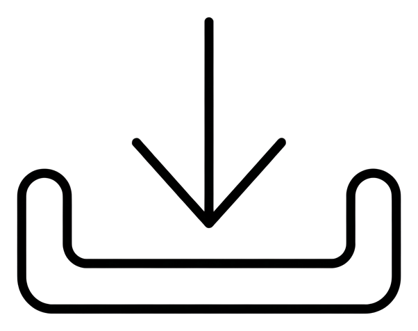 Thin black line icon, minimal outline of a download icon with a downward arrow into a tray, transparent background PNG