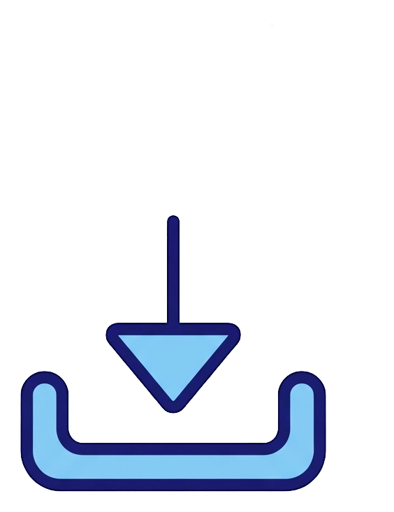 Duotone icon, navy blue and light blue of a download icon with a downward arrow into a tray, transparent background PNG