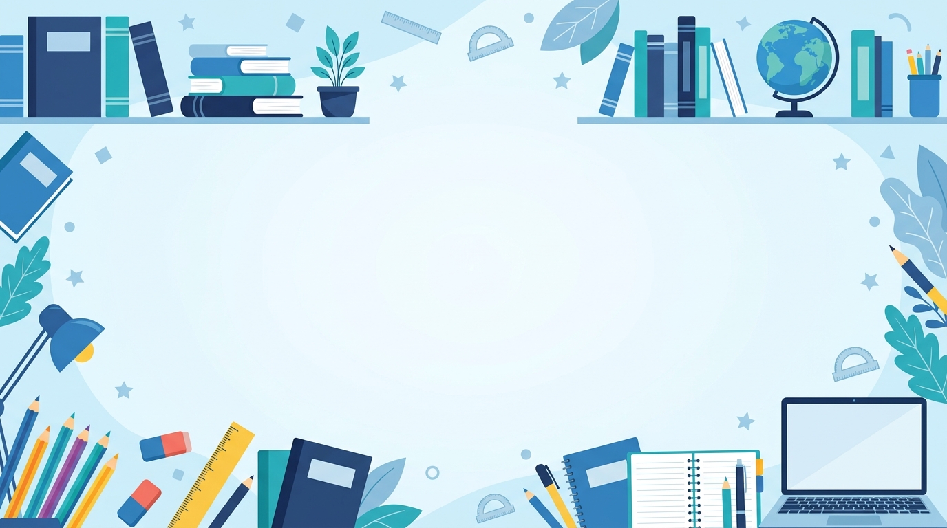 Flat vector design of friendly school-themed background with books and pencils at the edges and empty center, simple balanced layout, cool blue tones, quiet atmosphere, 16:9 aspect ratio