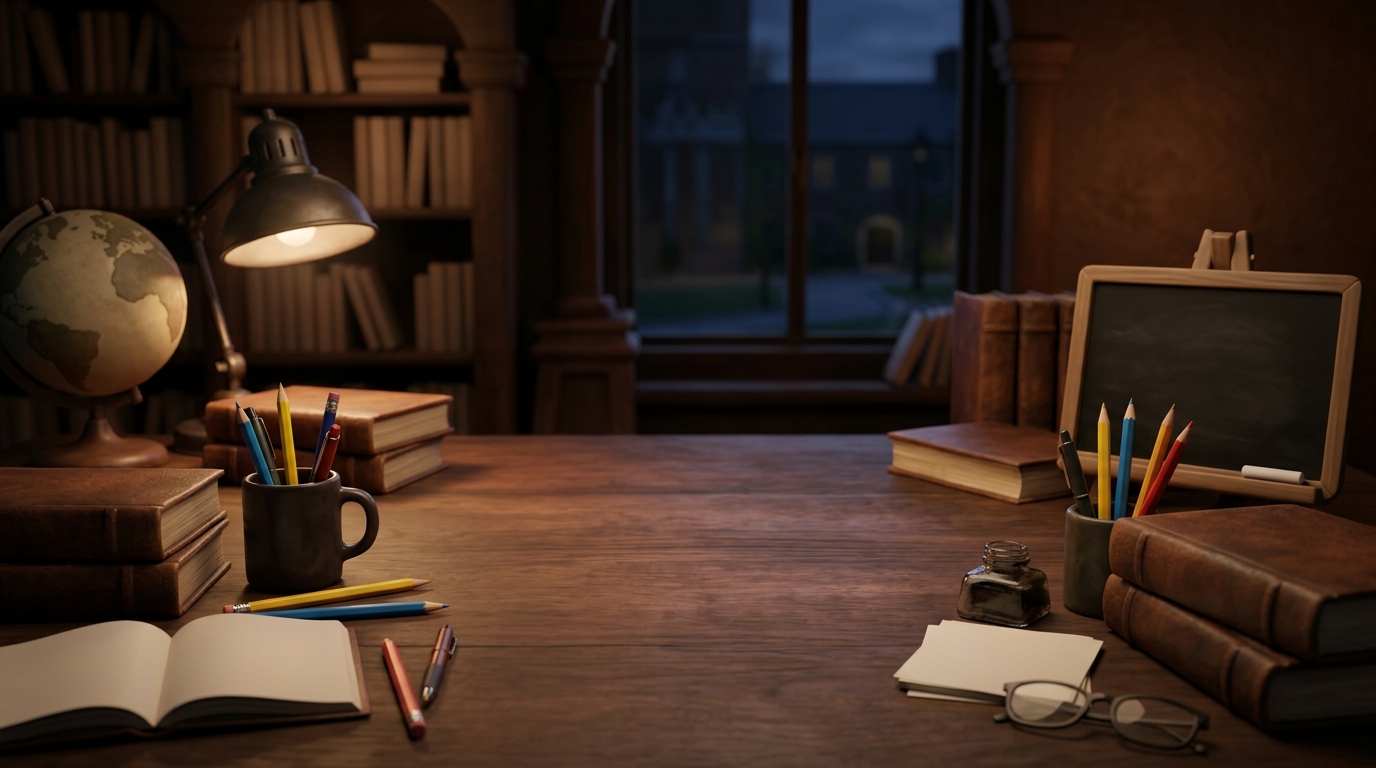 Soft 3d render of friendly school-themed background with books and pencils at the edges and empty center, simple balanced layout, moody dark tones, dramatic lighting, 16:9 aspect ratio