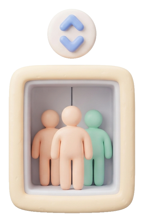 Soft 3D pictogram, pastel clay render of an elevator pictogram with people inside and up and down arrows, transparent background PNG