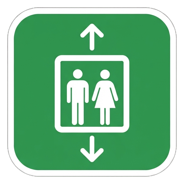 Pictogram sign, white figure on a solid green rounded square of an elevator pictogram with people inside and up and down arrows, transparent background PNG