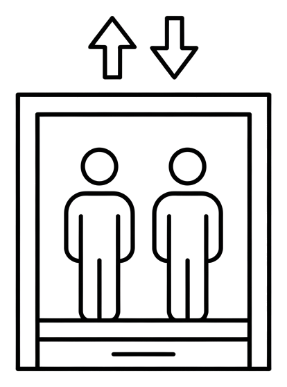 Thin line pictogram, black outline of an elevator pictogram with people inside and up and down arrows, transparent background PNG