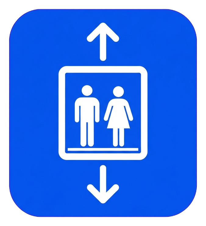 Pictogram sign, white figure on a solid blue rounded square of an elevator pictogram with people inside and up and down arrows, transparent background PNG