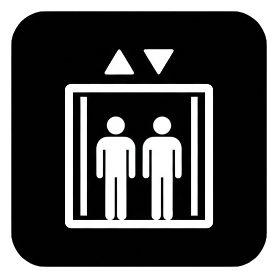 Pictogram sign, white figure on a solid black rounded square of an elevator pictogram with people inside and up and down arrows, transparent background PNG