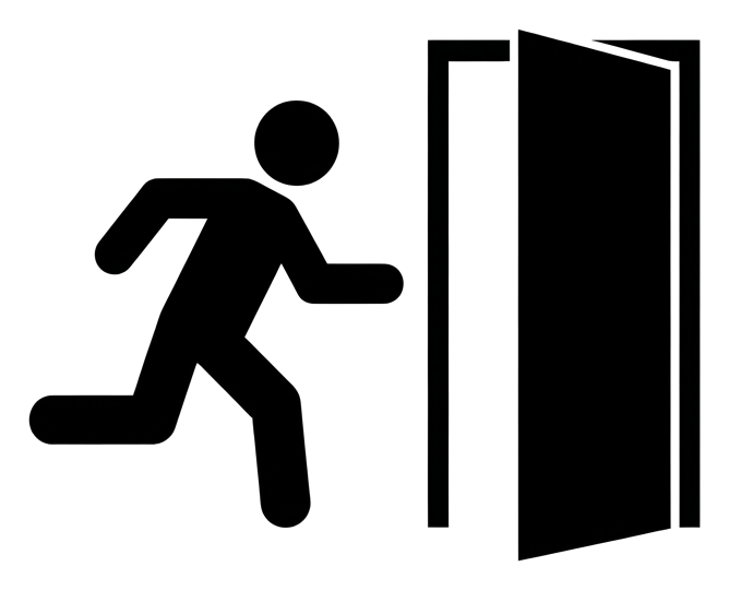 Standard pictogram, solid black figure of an emergency exit pictogram with a running figure and a door, transparent background PNG