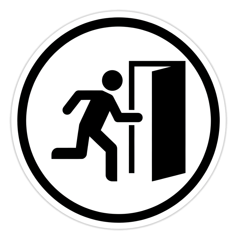 달리는 사람과 문이 있는 비상구 픽토그램, 원형 픽토그램, 투명 배경(누끼) PNG
