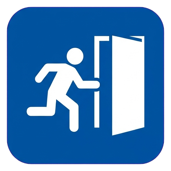 Pictogram sign, white figure on a solid blue rounded square of an emergency exit pictogram with a running figure and a door, transparent background PNG