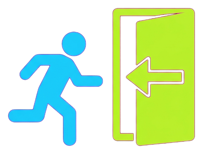 Flat color pictogram, friendly bright colors of an emergency exit pictogram with a running figure and a door, transparent background PNG