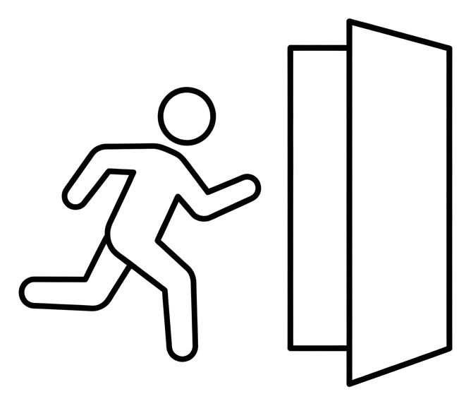 Thin line pictogram, black outline of an emergency exit pictogram with a running figure and a door, transparent background PNG