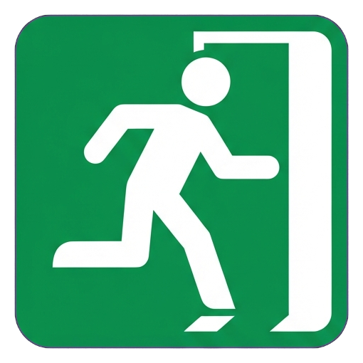 Pictogram sign, white figure on a solid green rounded square of an emergency exit pictogram with a running figure and a door, transparent background PNG