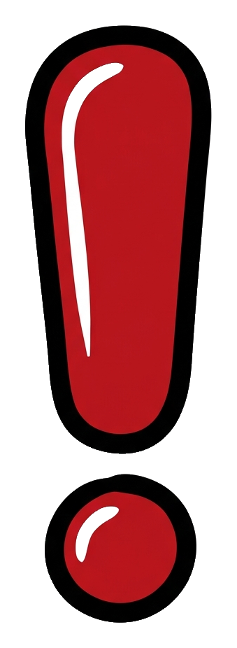 Comic style with a thick black outline of a bold exclamation mark symbol, transparent background PNG