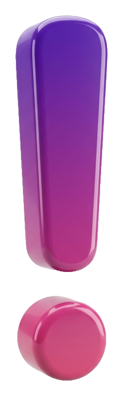 Glossy 3D render, purple and pink gradient of a bold exclamation mark symbol, transparent background PNG